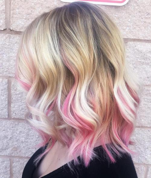 blond lob with pastel pink highlights