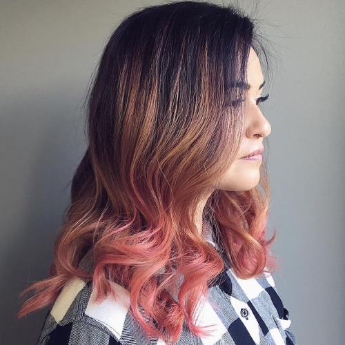 svart hair with caramel and pink balayage 