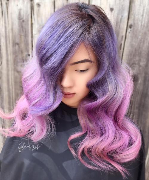 vijolična to pink long ombre hair