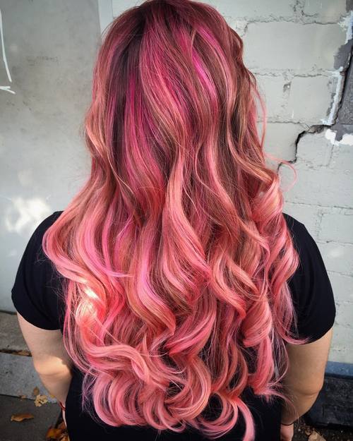dolga brown hair with pink balayage highlights