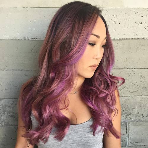 brun hair with lavender and pastel pink balayage