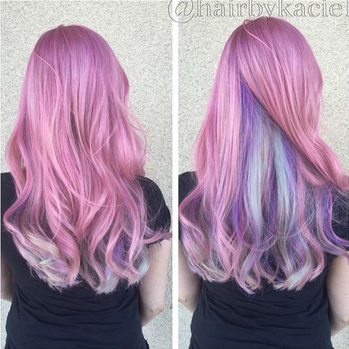 pastel pink hair with blue and lavender underlayer