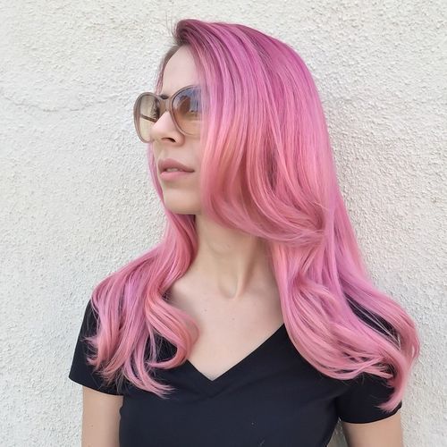 dlho layered pastel pink hair
