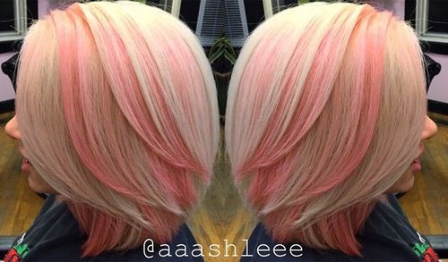 blond bob with flamingo pink highlights