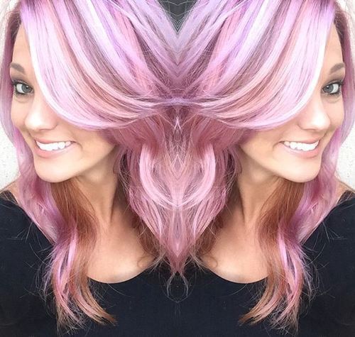 pastel pink hair with white highlights and brown lowlights