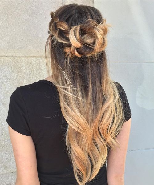 halv up messy braided bun for long hair