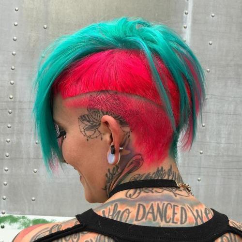Neon Teal And Pink Undercut Bob