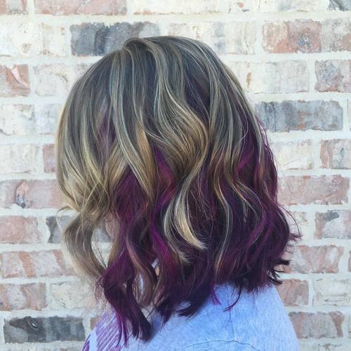 lung brown bob with blonde and purple highlights