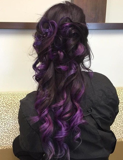dolga dark brown hair with purple balayage