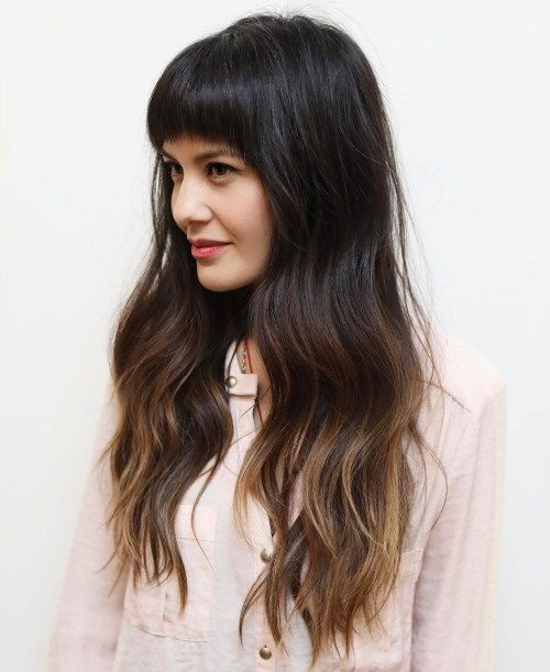 Lung Brown Ombre Hair With Arched Bangs