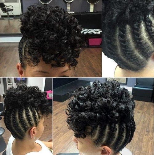 flätad updo with a curly top for black hair