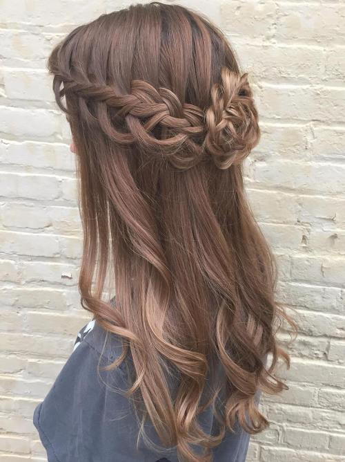 Halv Updo With Waterfall Braid And Bun