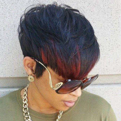 kratek black hairstyle with red bangs