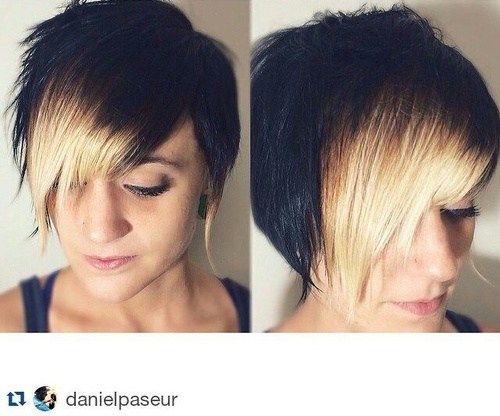 krátky angled haircut with highlighted bangs