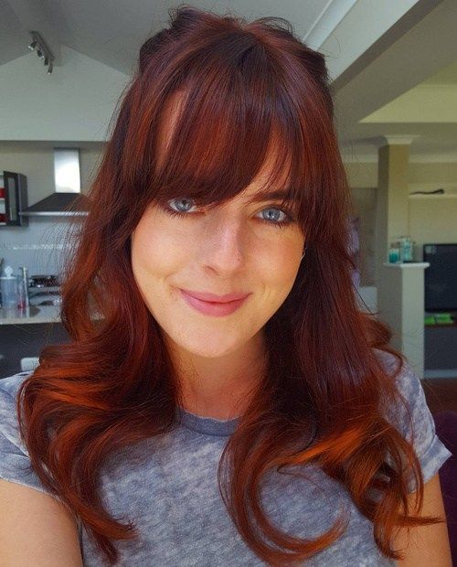 castaniu and copper balayage hair with bangs