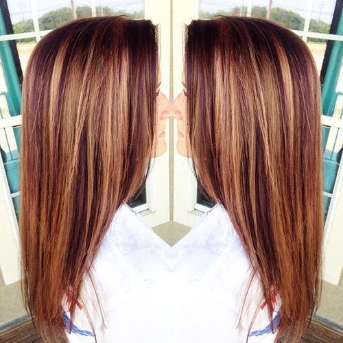 Violet red hair with caramel highlights