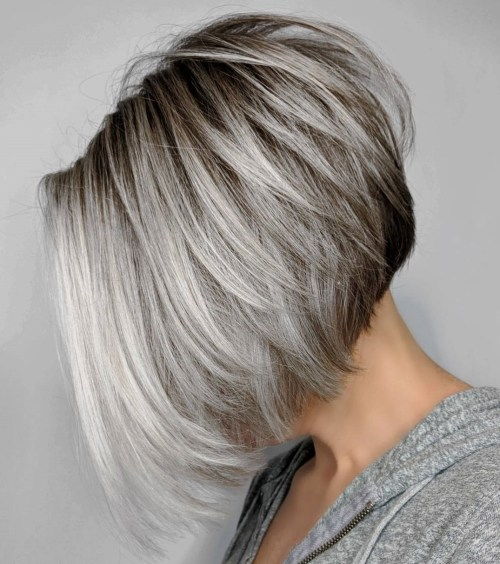 Omvänd Layered Gray Bob with Brown Roots