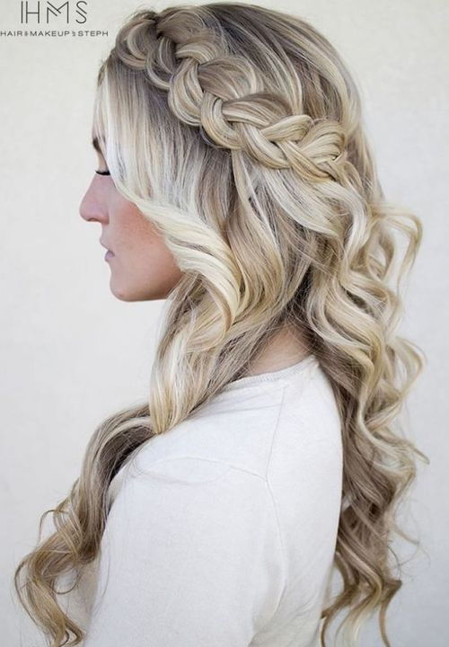 blondă curly hairstyle with a Dutch crown braid