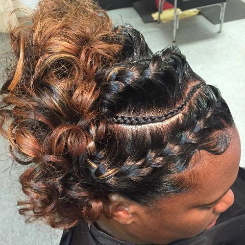 svart curly updo with goddess braids