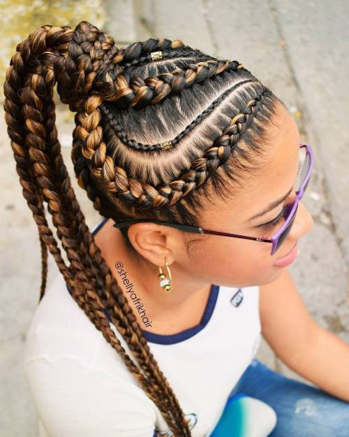 Brun And Caramel Goddess Braids In Wrapped Ponytail
