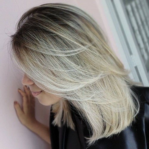 Blond Layered Lob With Dark Roots