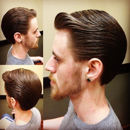 Slicked back wet look hairstyle for men