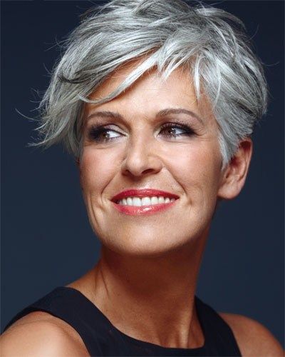 salt- and pepper short hairstyle for women after 50