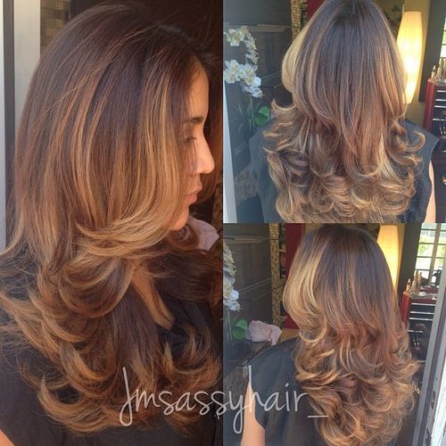 lung layered hairstyle with balayage highlights