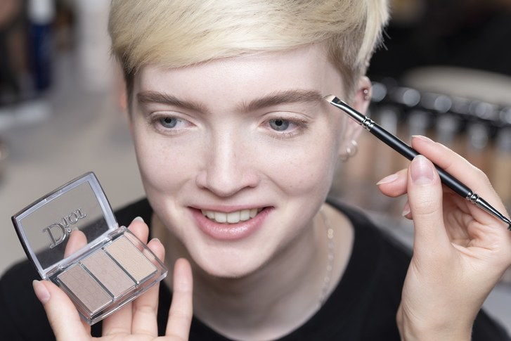 De new Dior Backstage brow palette being used on a model backstage at the Dior Cruise show in Chantilly, France. 