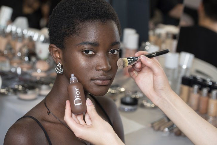 De new Dior Backstage foundation being used on a model backstage at the Dior Cruise show in Chantilly, France. 