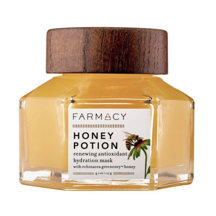 Farmacija Honey Potion Renewing Antioxidant Hydration Mask with Echinacea GreenEnvy in a clear jar with a wooden top