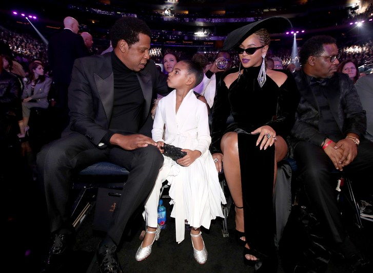 Jay Z, Blue Ivy and Beyonce attend the 60th Annual GRAMMY Awards at Madison Square Garden in New York City. 