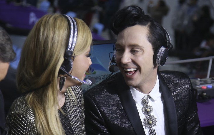 Tara Lipinski and Johnny Weir comment for NBC Sports the Figure Skating Team Event during the 2023 Winter Olympic Games 