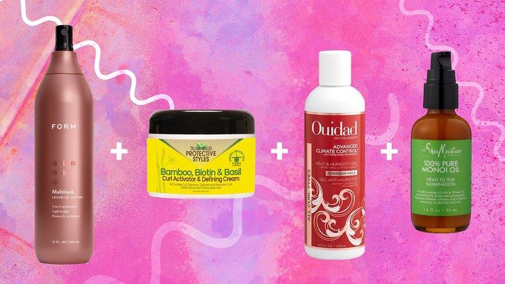 formulár multitask leave-in conditioner, taliah waajid bamboo, biotin, and basil curl activator, ouidad advanced climate control humidity gel, sheamoisture monoi oil