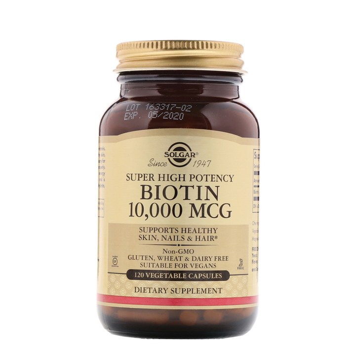 Солгар biotin in a bottle with a brown label