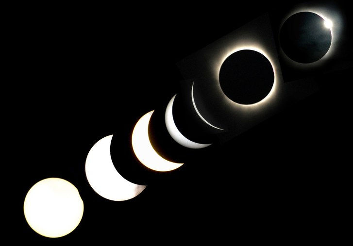 А multiple-exposure image taken on July 22, 2009 shows the various stages of the total solar eclipse in Baihata village.