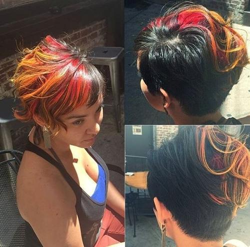 svart pixie haircut with multi-colored bangs