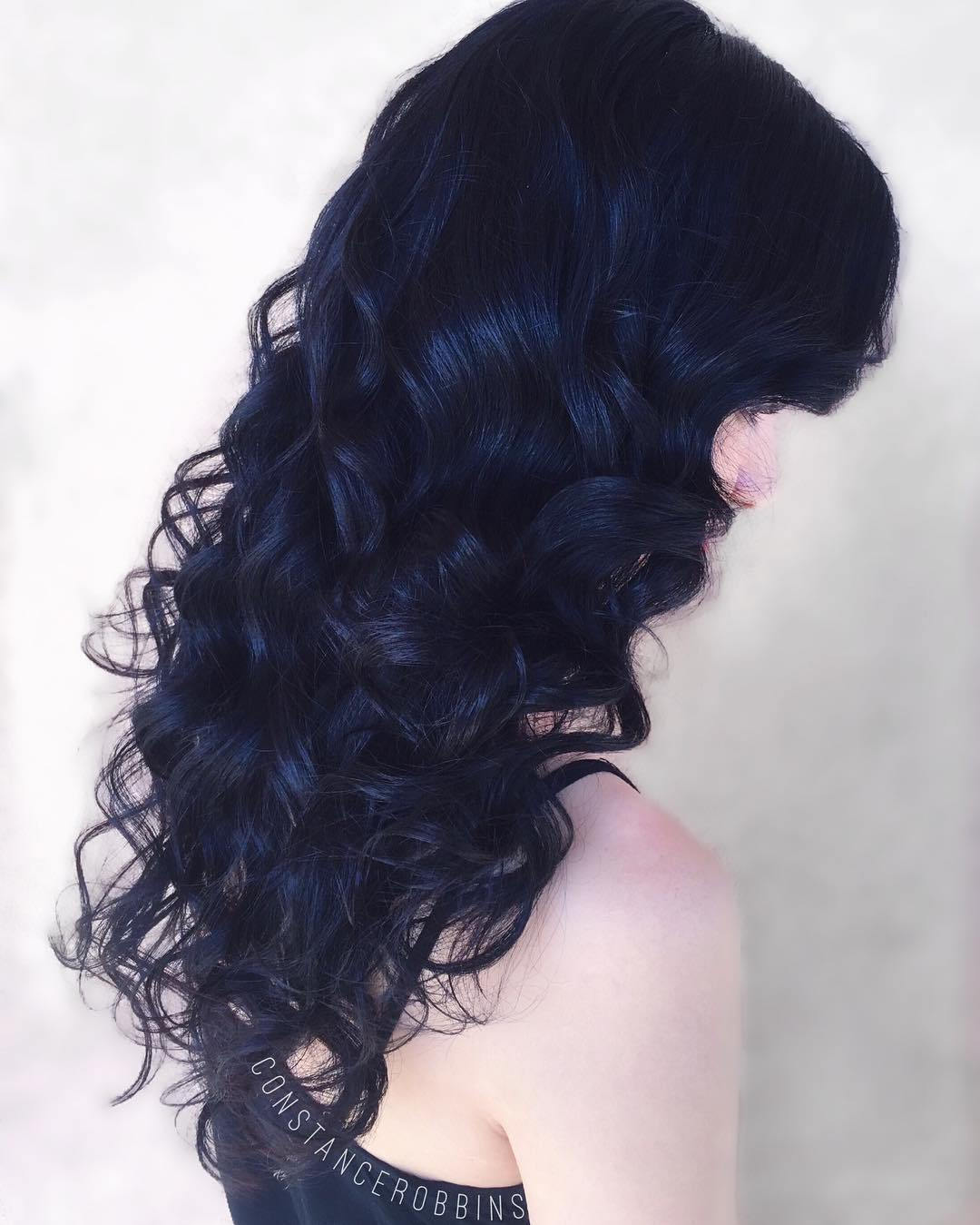 Lång Curly Blue Black Hair