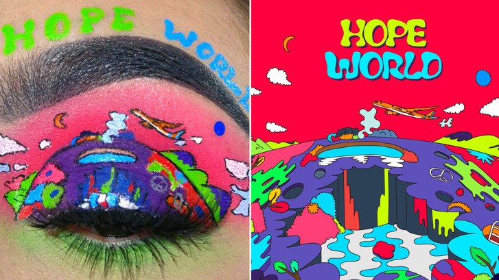 Kvinna with colorful makeup inspired by J-Hope's 