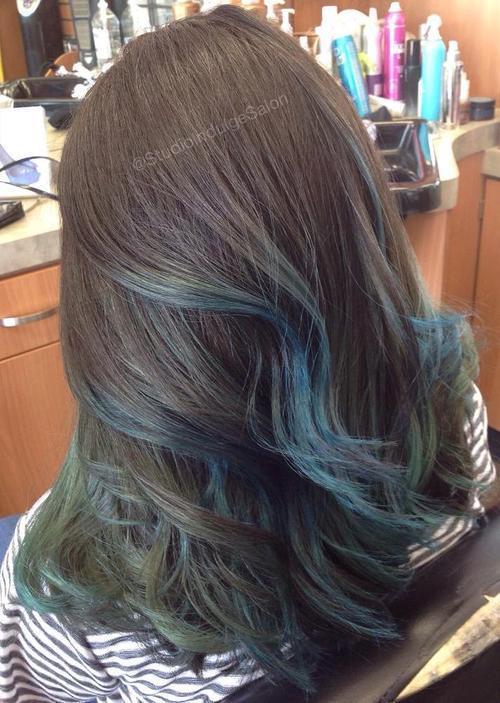 brun hair with pastel blue balayage