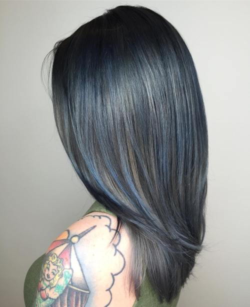 svart hair with solver and blue highlights