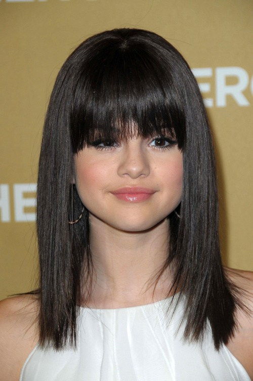 Selena Gomez long bob haircut with bangs