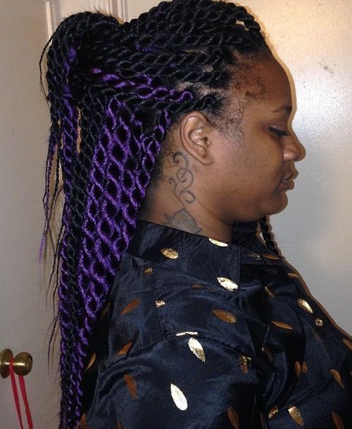 debel Senegalese twists with purple highlights