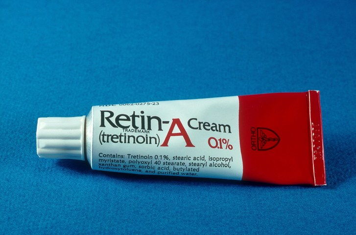 A close-up image of a tube of prescription acne medication Retin-A
