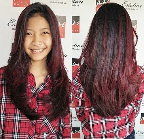 црн hair with burgundy ombre highlights