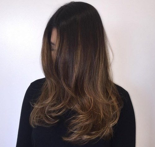 тамно brown hair with subtle ombre highlights