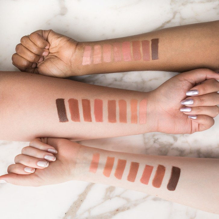 KKW beauty créme lipstick swatches on different skin tones in shades nude 1, nude 2, nude 3, nude 4, nude 5, nude 6, nude 7, and nude 8