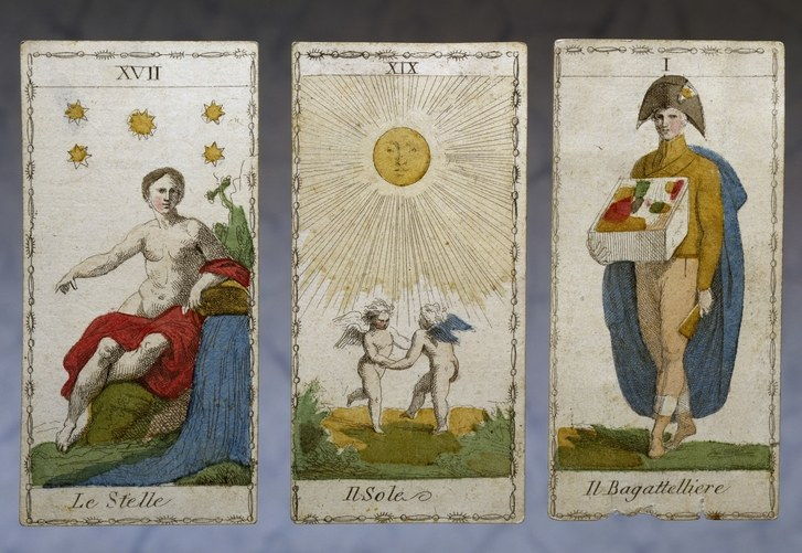 neoklasicistická, hand-painted tarot cards: Le Stelle, Il Sole, and Il Bagattelliere etchings (Italy, 19th century)