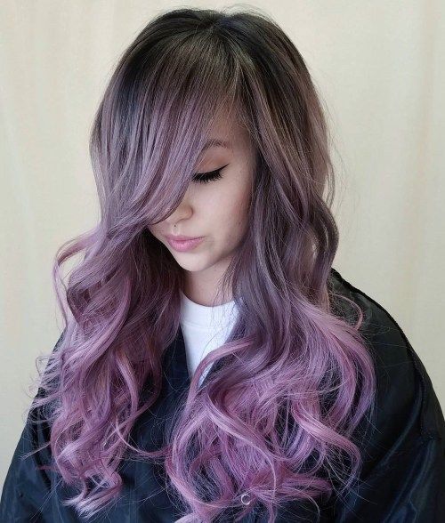 пепео blonde hair color with pastel purple balayage