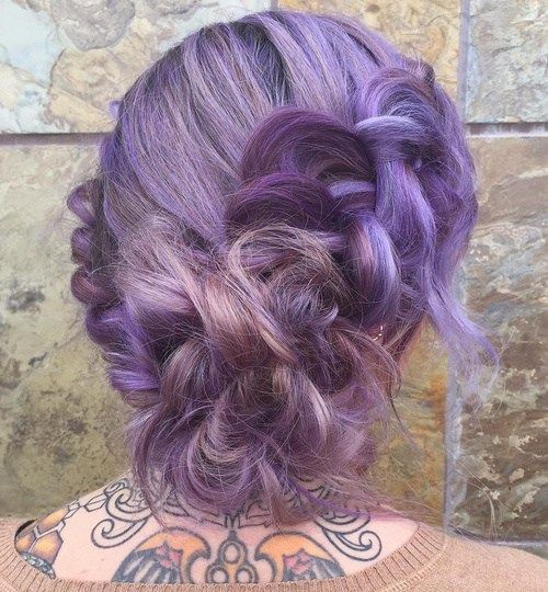 lila hair with highlights in updo